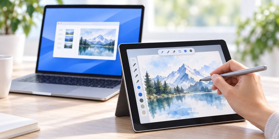 A hand draws a watercolour mountain with a pen on the tablet.
