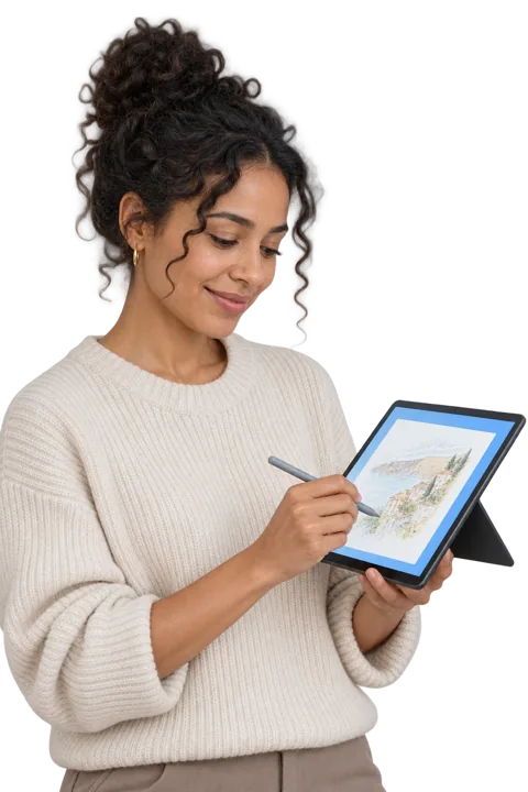 A woman sketches on a Windows tablet with a pen.