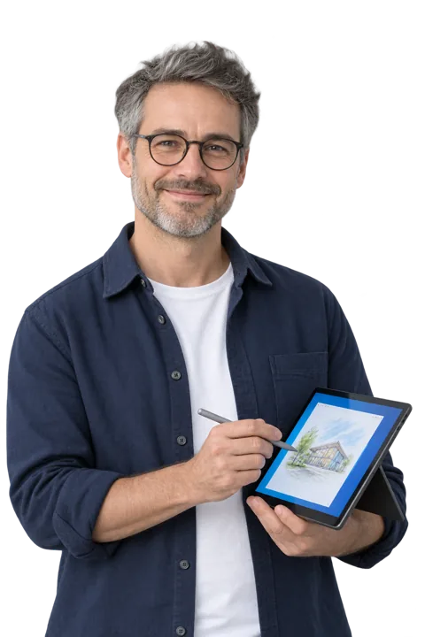 A man with glasses sketches a house on a Windows tablet with a pen.