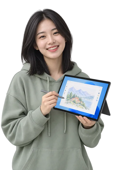 A young woman holds up a Windows tablet.
