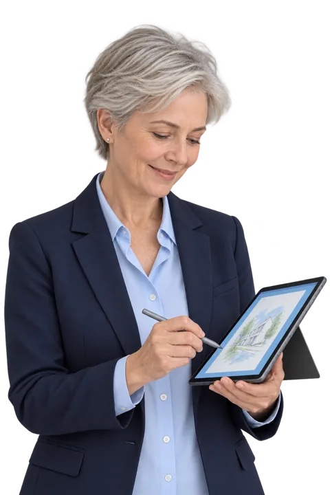 A woman in a navy blazer sketches on a Windows tablet with a pen.